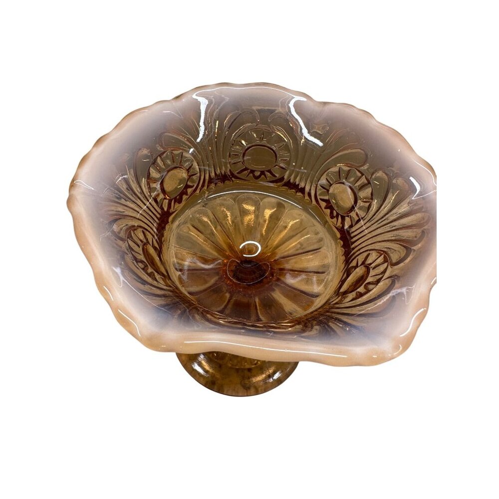 Vitg Fenton Amber Opalescent Glass Compote Candy Dish Cameo Eye & Scroll Design